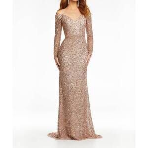 NEW ASHLEYLAUREN off the shoulder sequin gown in rose gold